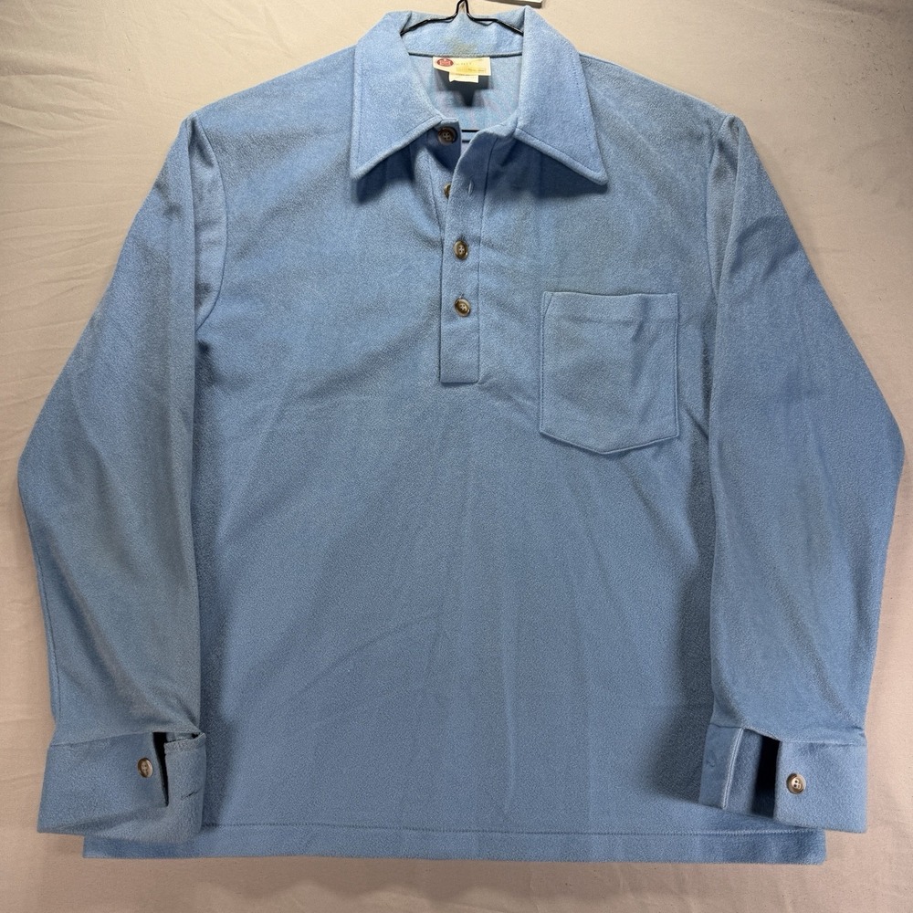 Vintage 70s Sears Kings Road Long Sleeve Polo Medium Blue Terry Towel Cloth